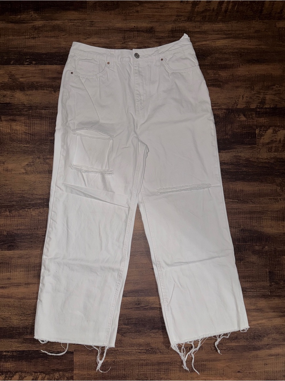 refuge White Distressed Wide-Leg Cargo Jeans